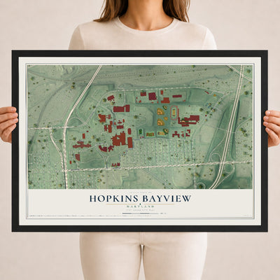 Map of Hopkins Bayview, Maryland, 18 x 24 inch print in a black wood frame