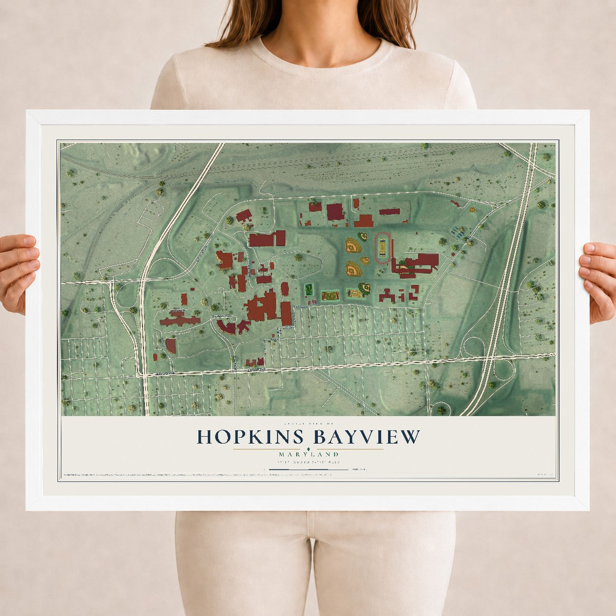 Map of Hopkins Bayview, Maryland, 18 x 24 inch print in a white wood frame