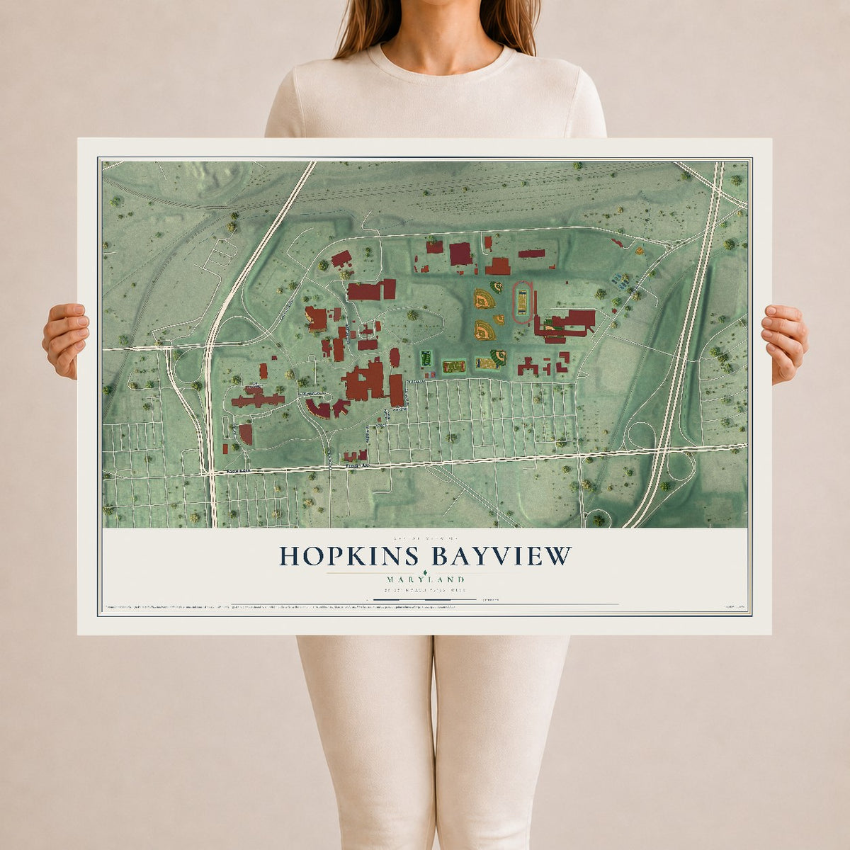 Map of Hopkins Bayview, Maryland, 24 x 36 inch unframed archival matte print