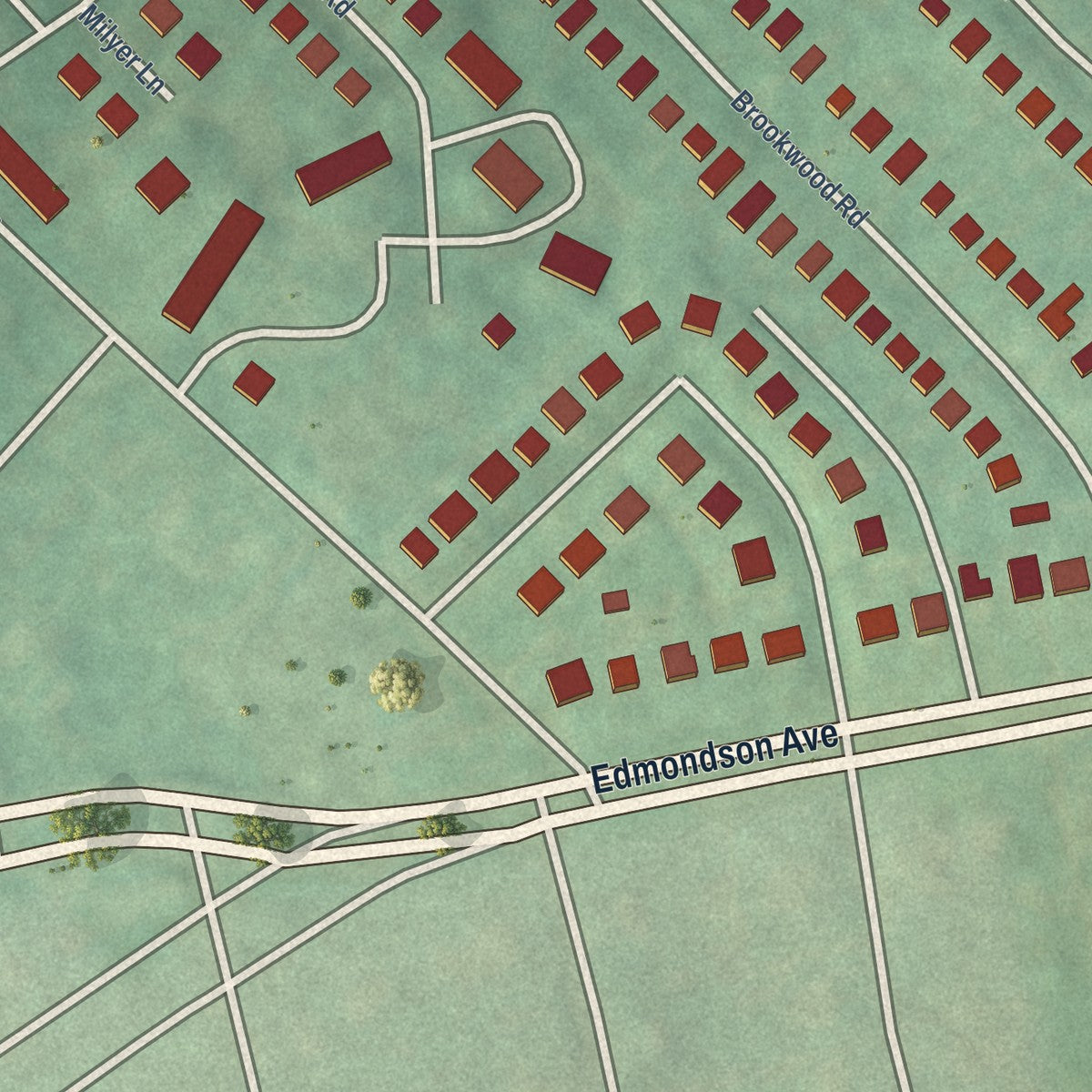 Close-up of the map of Hunting Ridge, Maryland print showing street and building detail