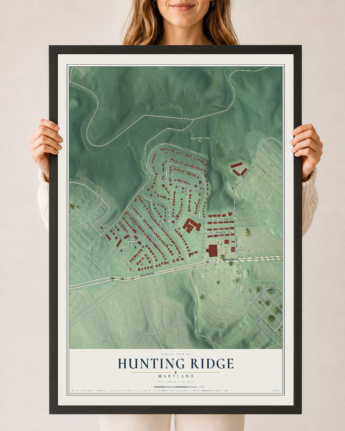Map of Hunting Ridge, Maryland, 24 x 36 inch print in a black wood frame