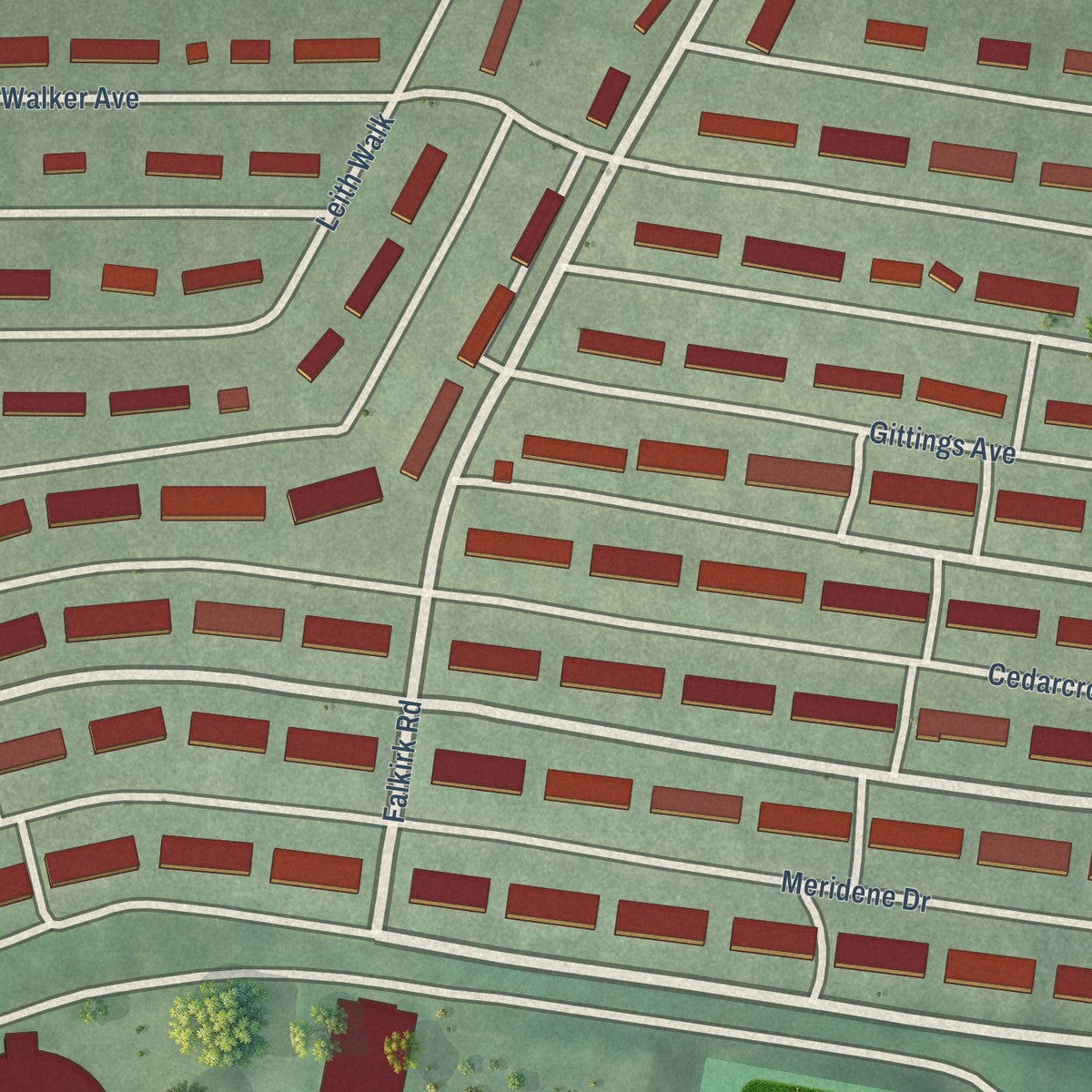 Close-up of the map of Idlewood, Maryland print showing street and building detail