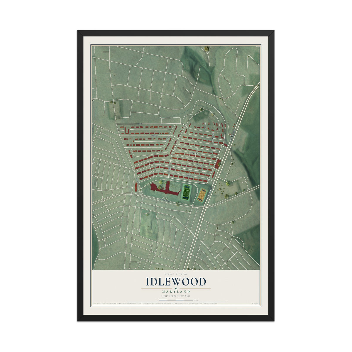 Map of Idlewood, Maryland, 12 x 18 inch print in a black wood frame