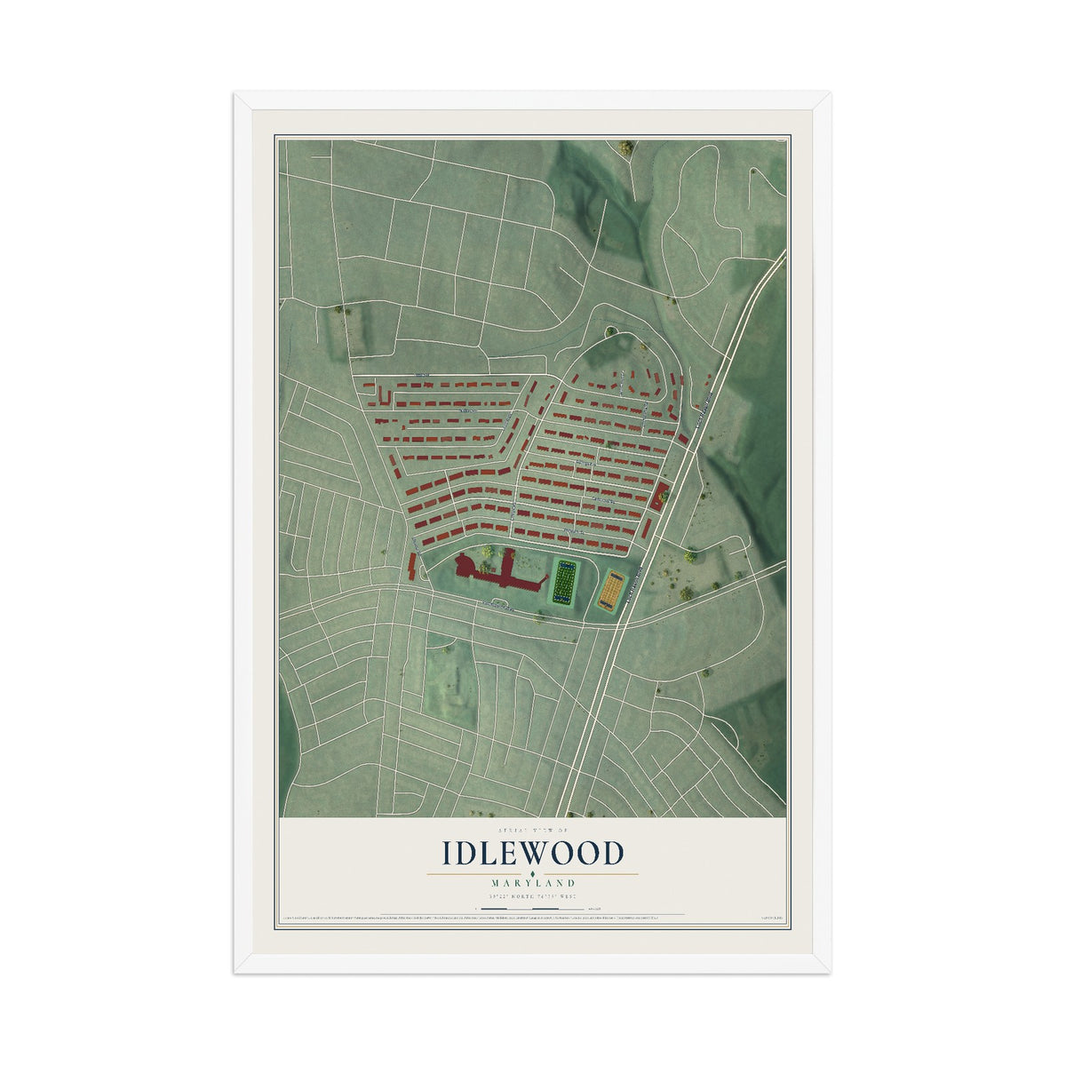 Map of Idlewood, Maryland, 12 x 18 inch print in a white wood frame