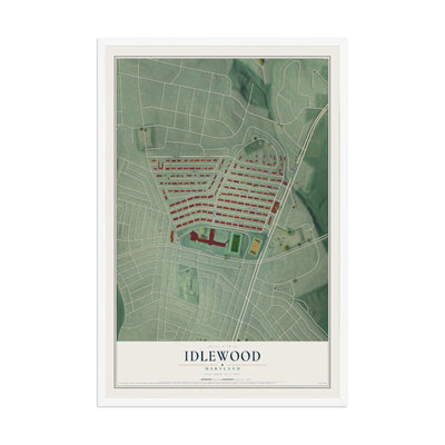 Map of Idlewood, Maryland, 12 x 18 inch print in a white wood frame