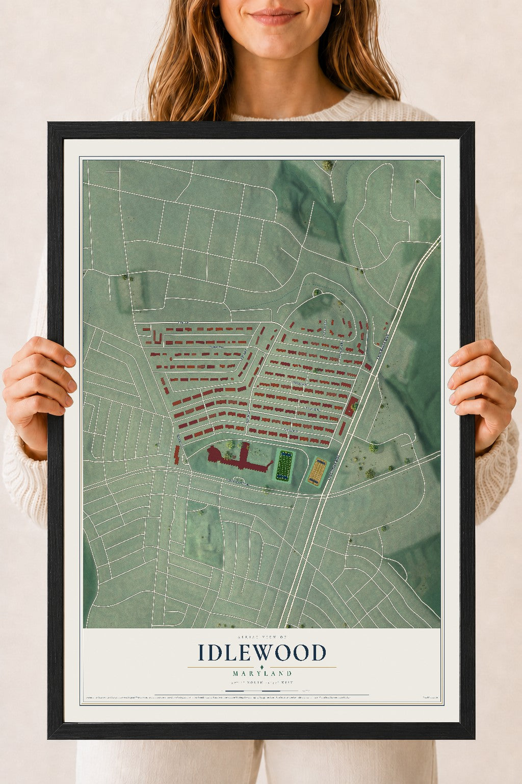 Map of Idlewood, Maryland, 18 x 24 inch print in a black wood frame