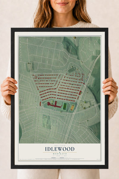 Map of Idlewood, Maryland, 18 x 24 inch print in a black wood frame
