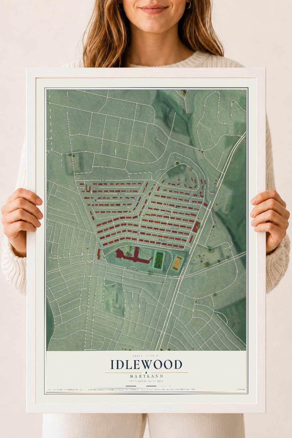 Map of Idlewood, Maryland, 18 x 24 inch print in a white wood frame