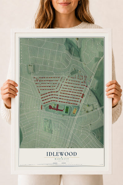 Map of Idlewood, Maryland, 18 x 24 inch print in a white wood frame