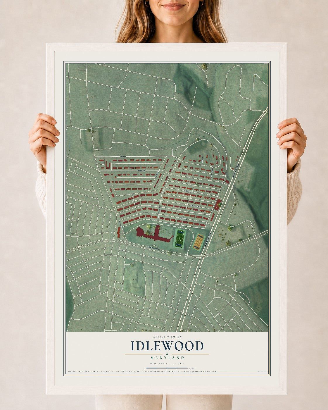 Map of Idlewood, Maryland, 24 x 36 inch print in a white wood frame