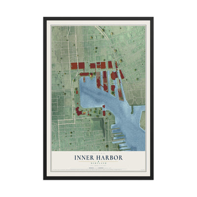 Map of Inner Harbor, Maryland, 12 x 18 inch print in a black wood frame