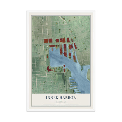 Map of Inner Harbor, Maryland, 12 x 18 inch print in a white wood frame
