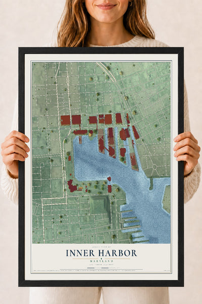 Map of Inner Harbor, Maryland, 18 x 24 inch print in a black wood frame