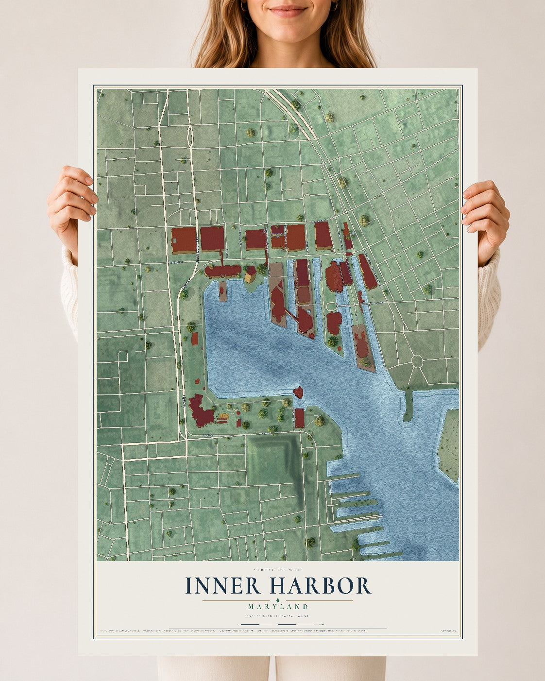 Map of Inner Harbor, Maryland, 24 x 36 inch unframed archival matte print