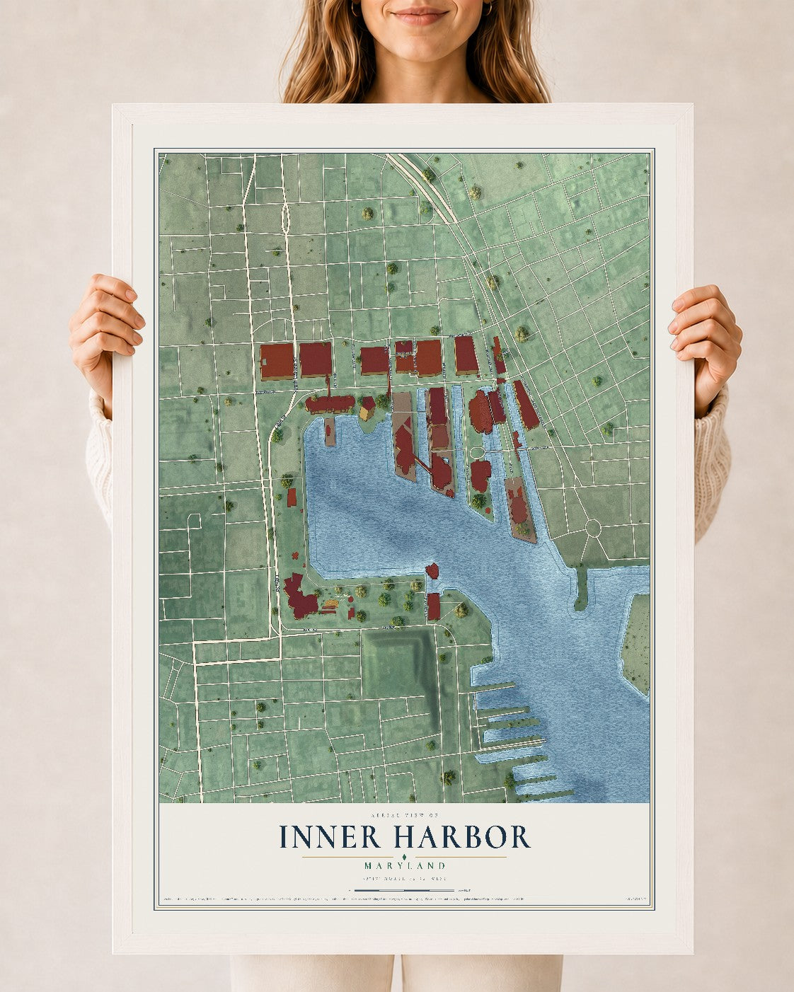 Map of Inner Harbor, Maryland, 24 x 36 inch print in a white wood frame