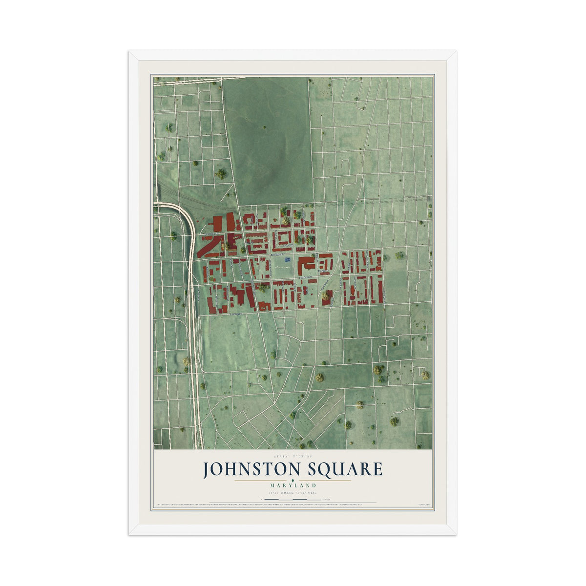Map of Johnston Square, Maryland, 12 x 18 inch print in a white wood frame