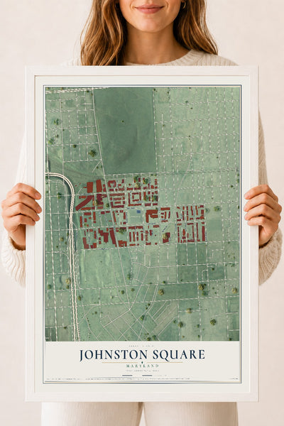 Map of Johnston Square, Maryland, 18 x 24 inch print in a white wood frame