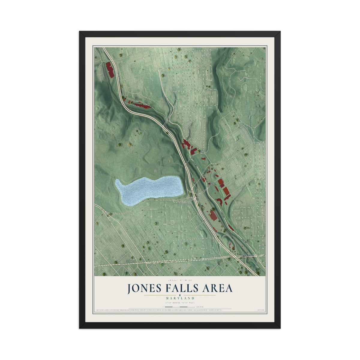 Map of Jones Falls Area, Maryland, 12 x 18 inch print in a black wood frame