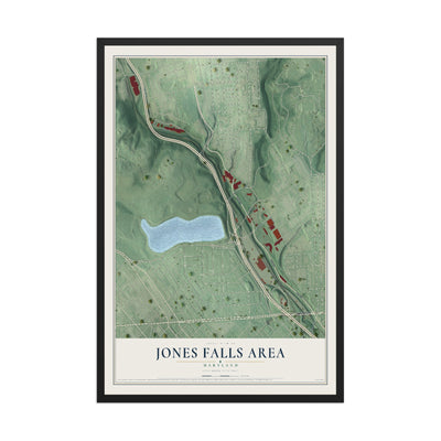 Map of Jones Falls Area, Maryland, 12 x 18 inch print in a black wood frame