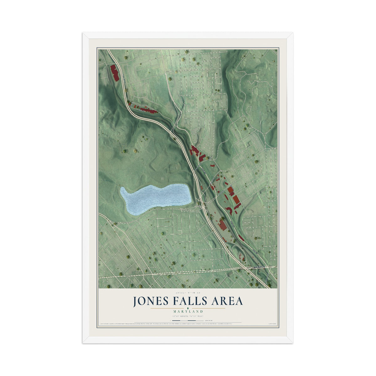 Map of Jones Falls Area, Maryland, 12 x 18 inch print in a white wood frame