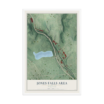 Map of Jones Falls Area, Maryland, 12 x 18 inch print in a white wood frame