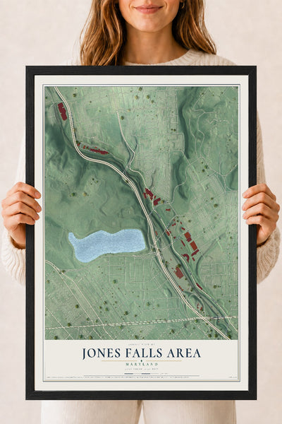 Map of Jones Falls Area, Maryland, 18 x 24 inch print in a black wood frame