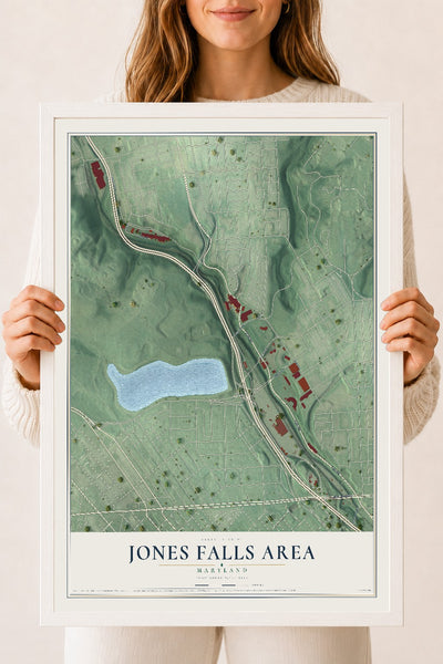 Map of Jones Falls Area, Maryland, 18 x 24 inch print in a white wood frame
