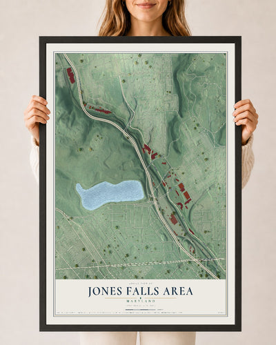 Map of Jones Falls Area, Maryland, 24 x 36 inch print in a black wood frame