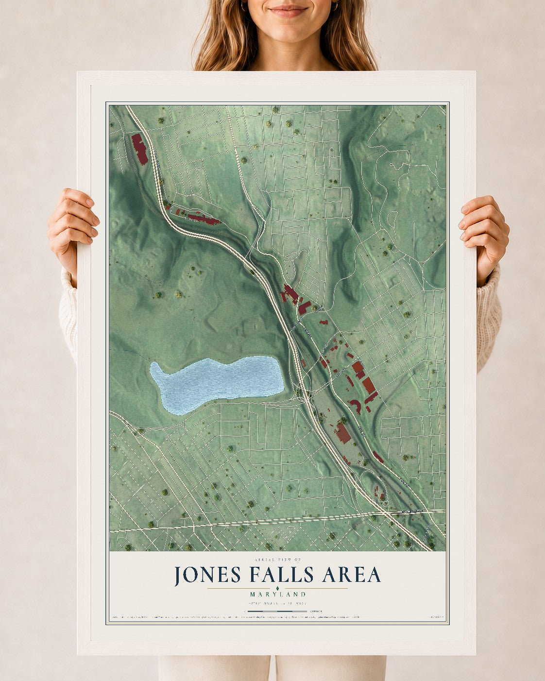 Map of Jones Falls Area, Maryland, 24 x 36 inch print in a white wood frame
