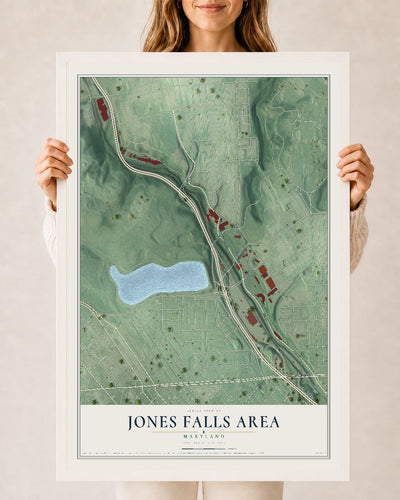 Map of Jones Falls Area, Maryland, 24 x 36 inch print in a white wood frame