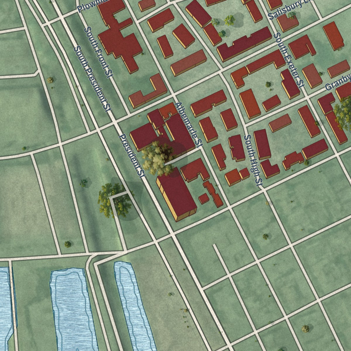 Close-up of the map of Jonestown, Maryland print showing street and building detail