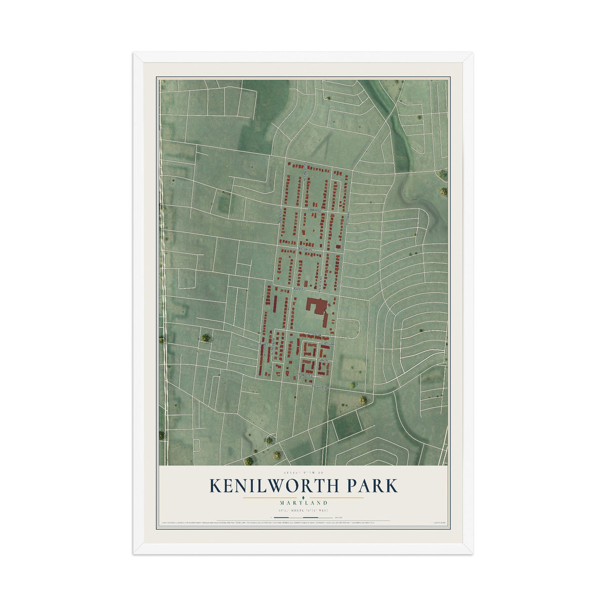 Map of Kenilworth Park, Maryland, 12 x 18 inch print in a white wood frame