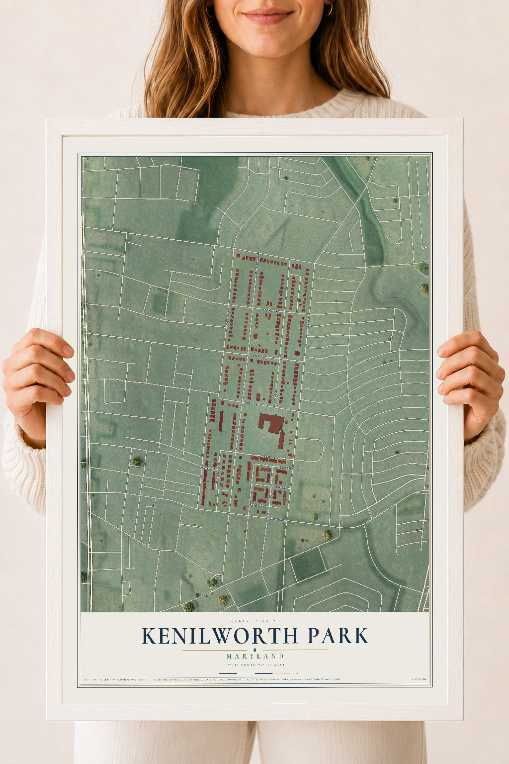 Map of Kenilworth Park, Maryland, 18 x 24 inch print in a white wood frame