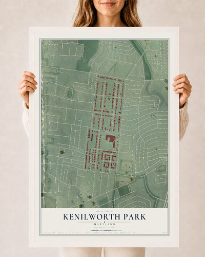 Map of Kenilworth Park, Maryland, 24 x 36 inch print in a white wood frame