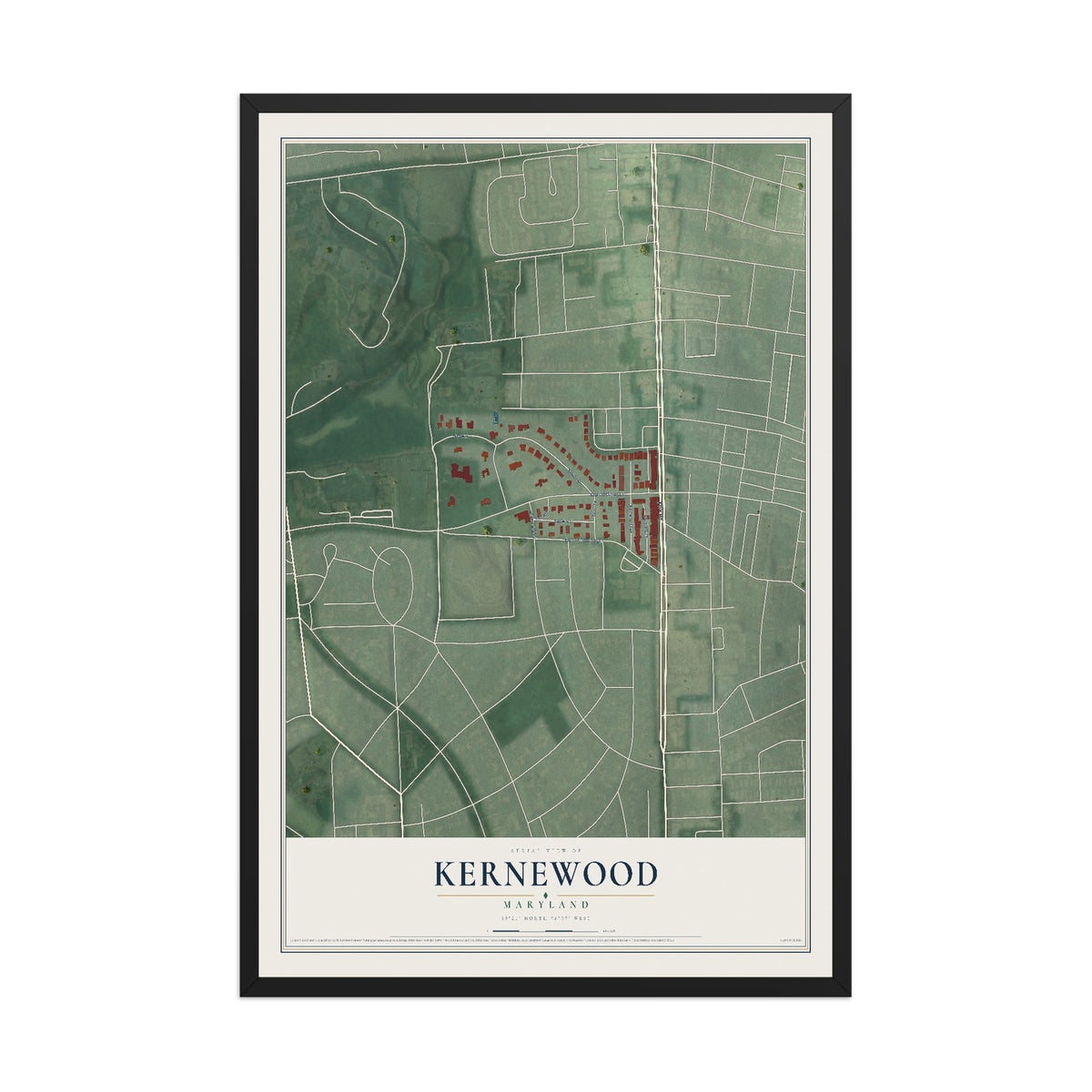 Map of Kernewood, Maryland, 12 x 18 inch print in a black wood frame