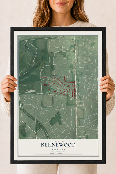 Map of Kernewood, Maryland, 18 x 24 inch print in a black wood frame