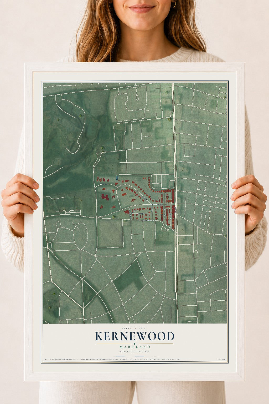 Map of Kernewood, Maryland, 18 x 24 inch print in a white wood frame