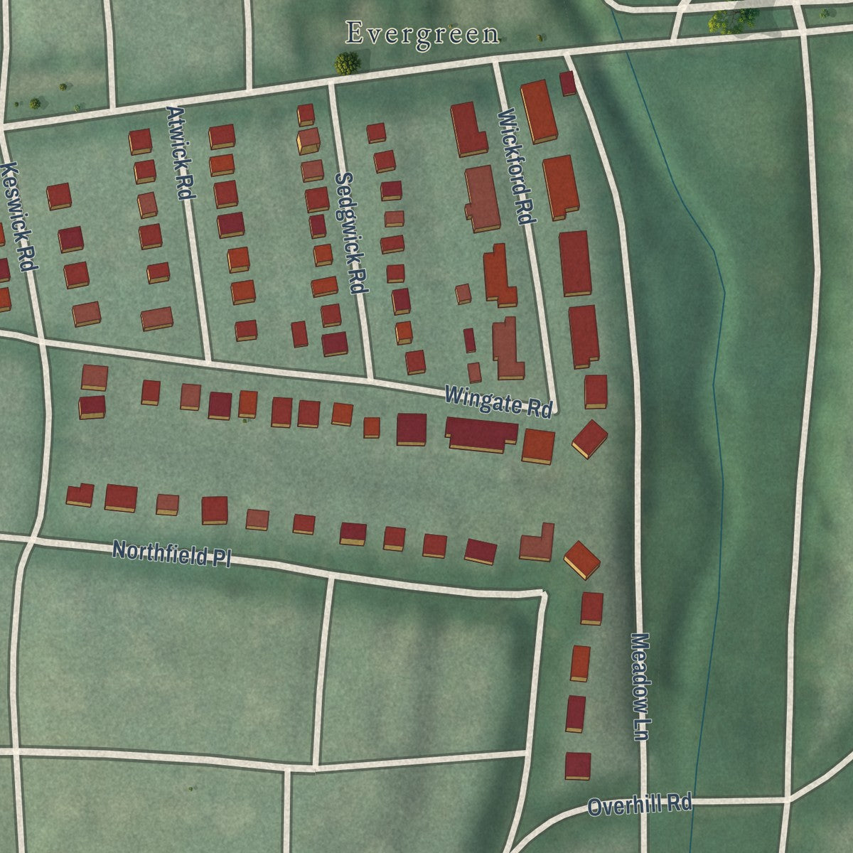Close-up of the map of Keswick, Maryland print showing street and building detail