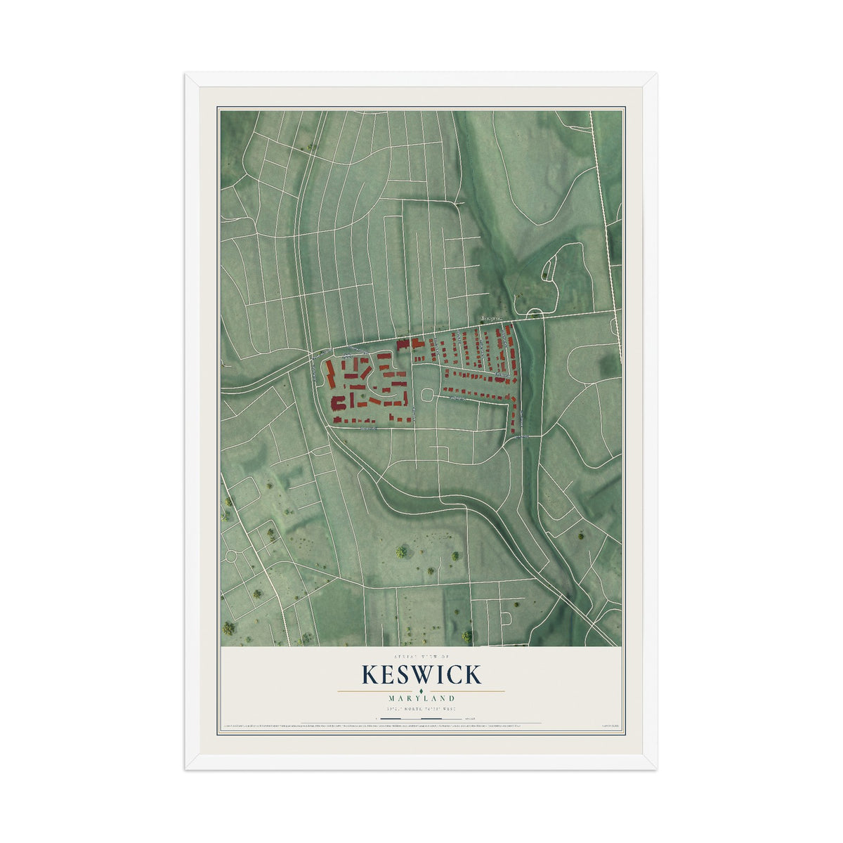 Map of Keswick, Maryland, 12 x 18 inch print in a white wood frame
