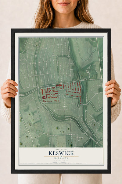 Map of Keswick, Maryland, 18 x 24 inch print in a black wood frame