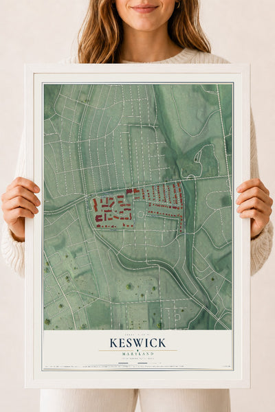 Map of Keswick, Maryland, 18 x 24 inch print in a white wood frame
