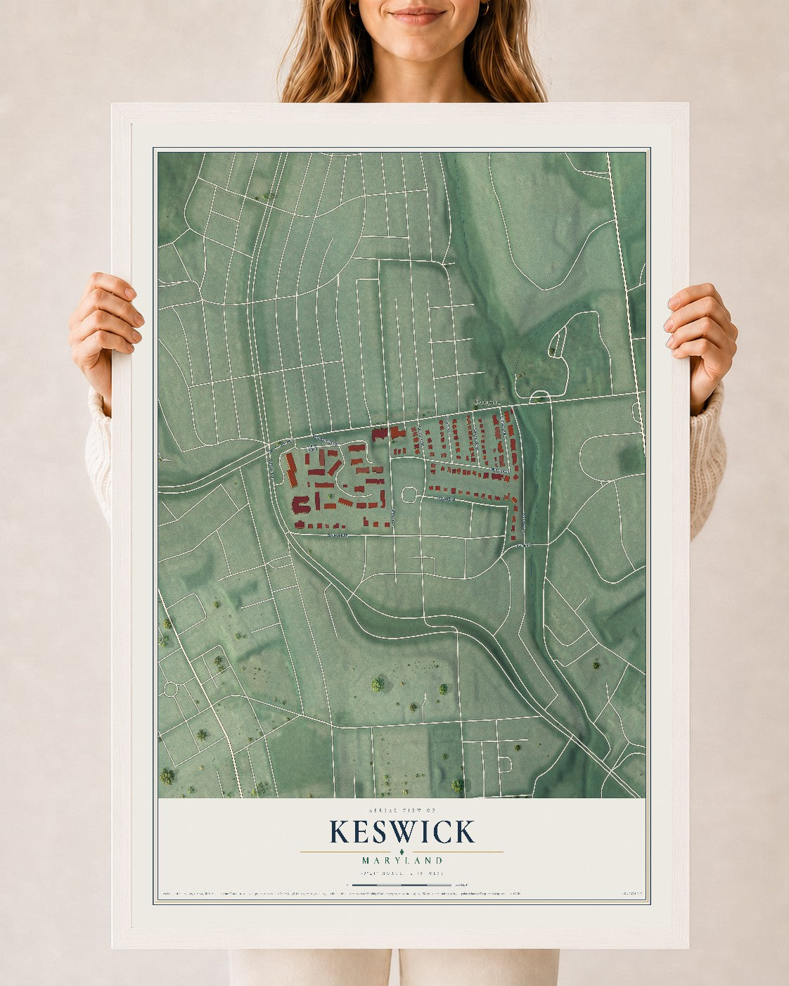 Map of Keswick, Maryland, 24 x 36 inch print in a white wood frame