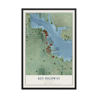 Map of Key Highway, Maryland, 12 x 18 inch print in a black wood frame