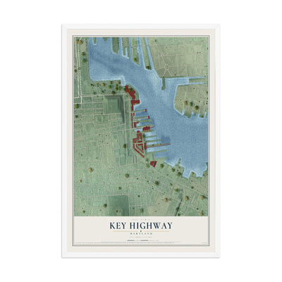 Map of Key Highway, Maryland, 12 x 18 inch print in a white wood frame