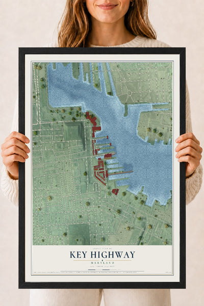 Map of Key Highway, Maryland, 18 x 24 inch print in a black wood frame