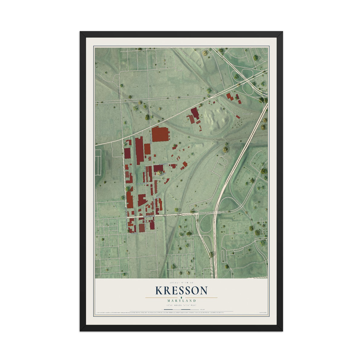 Map of Kresson, Maryland, 12 x 18 inch print in a black wood frame