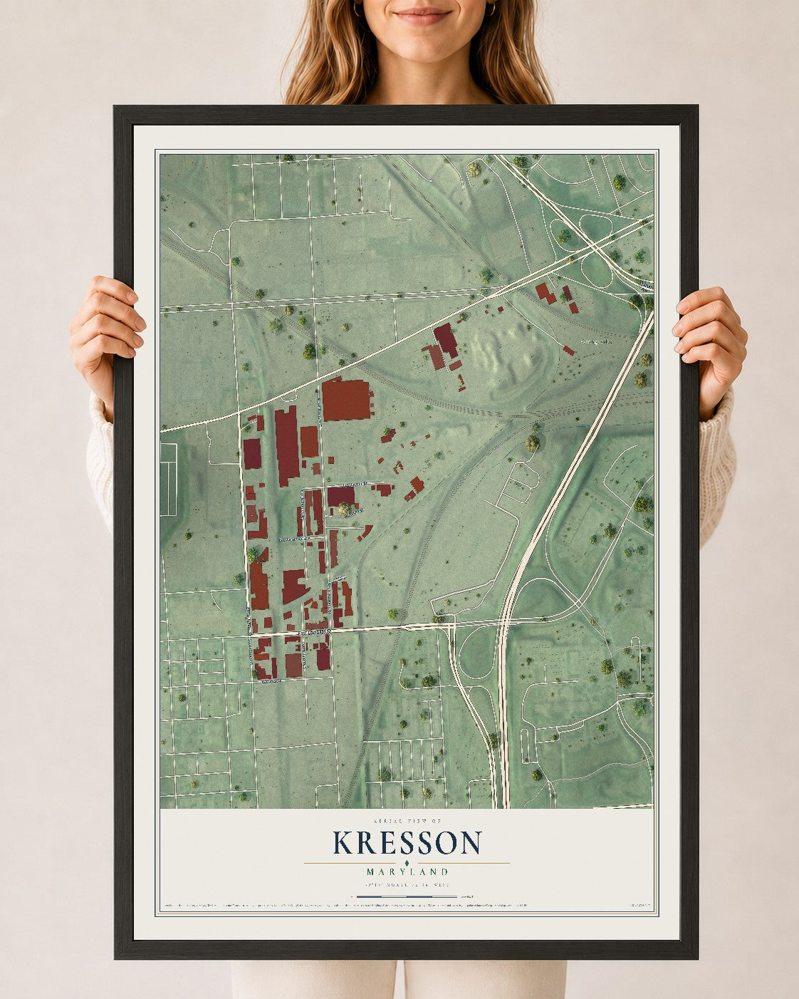 Map of Kresson, Maryland, 24 x 36 inch print in a black wood frame