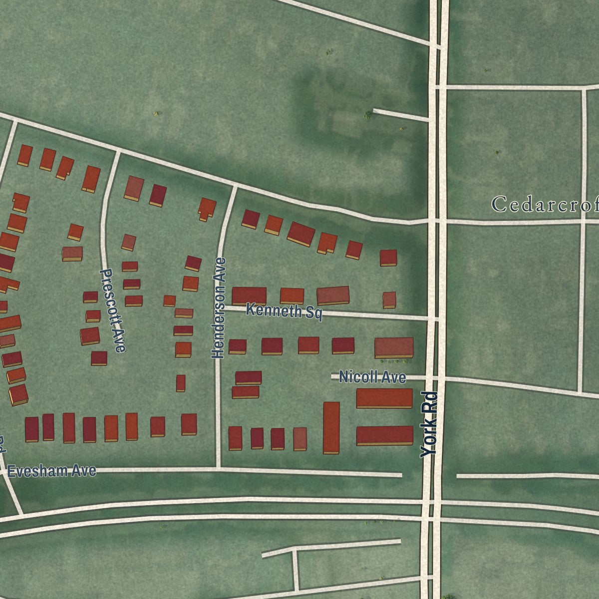 Close-up of the map of Lake Evesham, Maryland print showing street and building detail