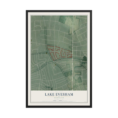 Map of Lake Evesham, Maryland, 12 x 18 inch print in a black wood frame