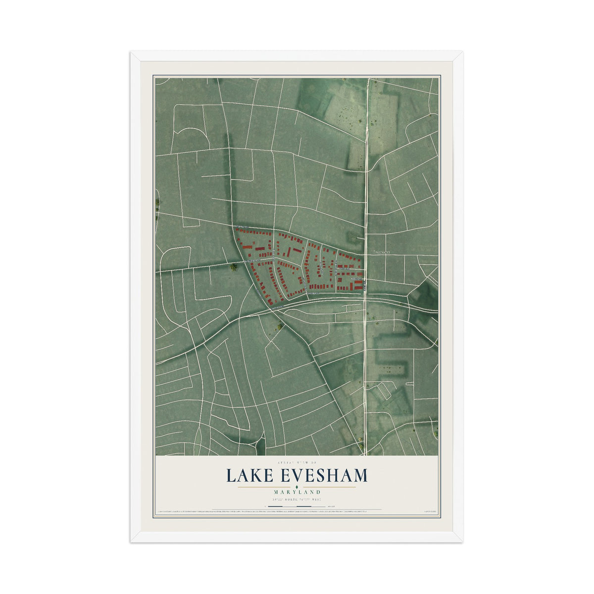 Map of Lake Evesham, Maryland, 12 x 18 inch print in a white wood frame